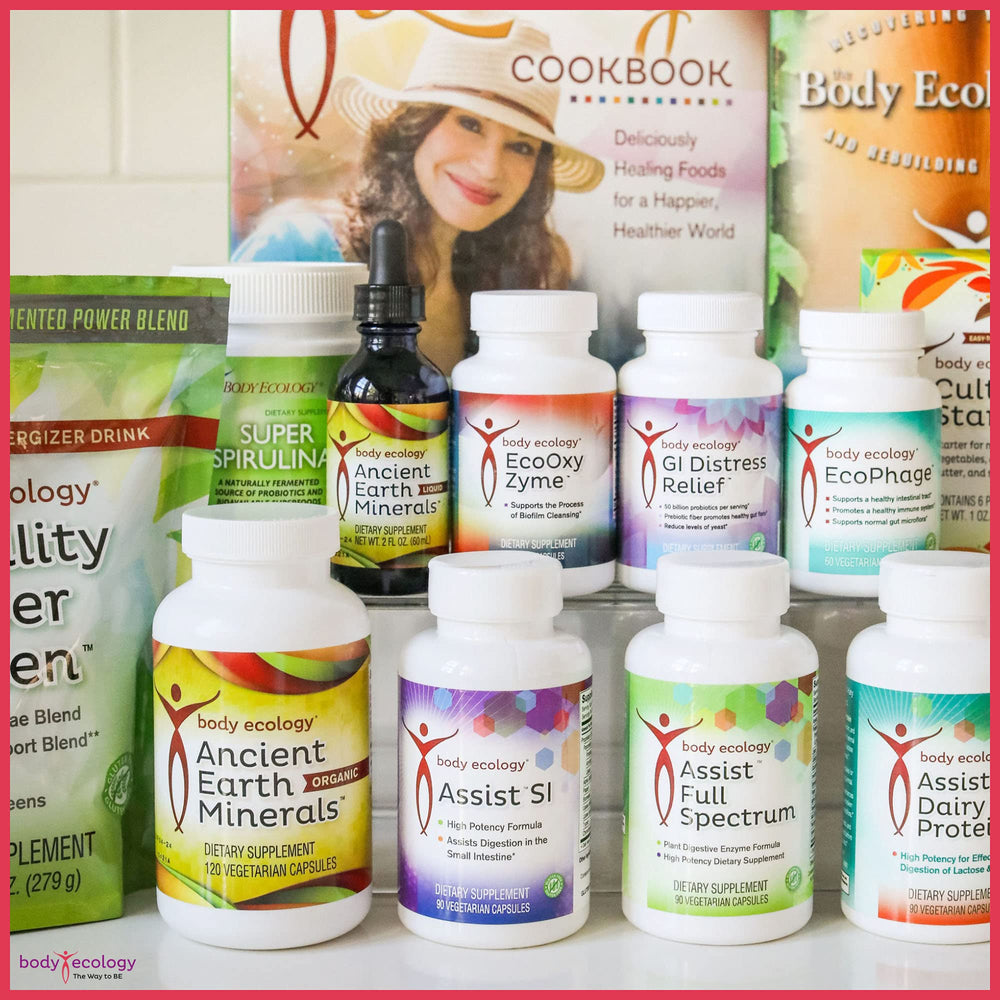 Body Ecology Plant-derived minerals bottle front highlights holistic wellness focus.