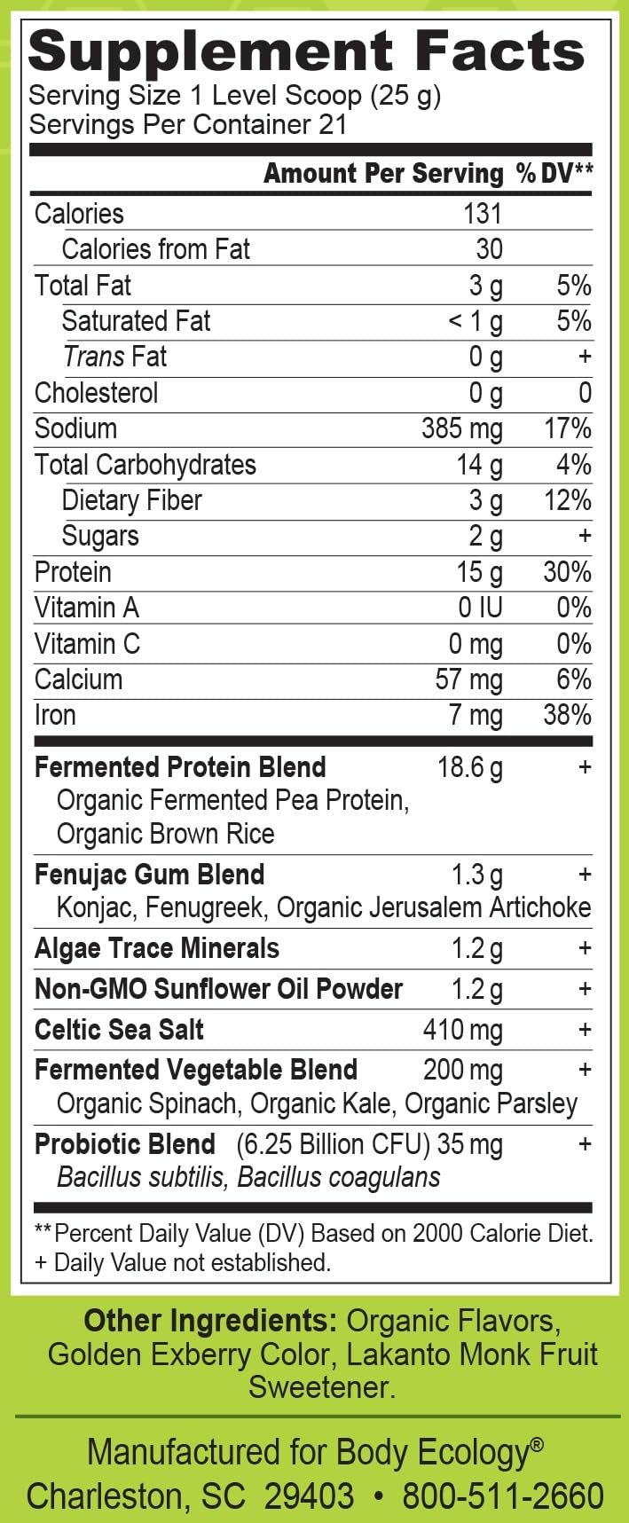 Bodycology probiotic protein shake nutrition label close-up emphasizes non-GMO and gluten-free