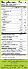 Bodycology probiotic protein shake nutrition label close-up emphasizes non-GMO and gluten-free