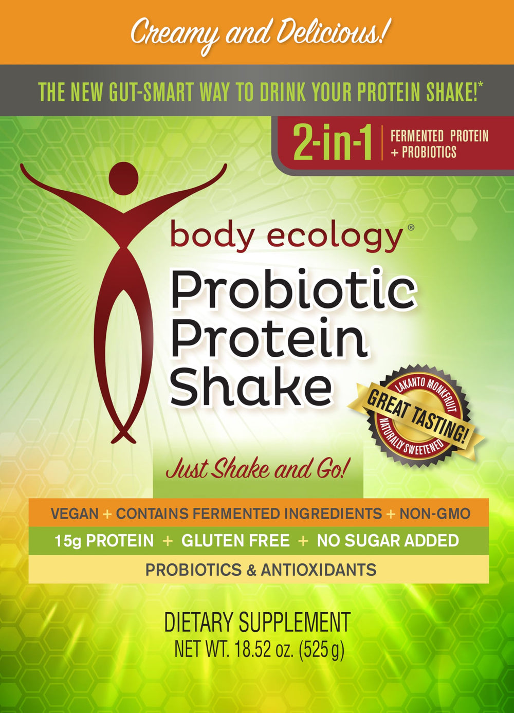 Bodycology probiotic protein shake tub seal communicates freshness and shelf stability