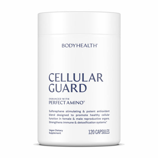 BodyHealth Cellular Guard bottle with capsules, signaling daily immune and antioxidant support