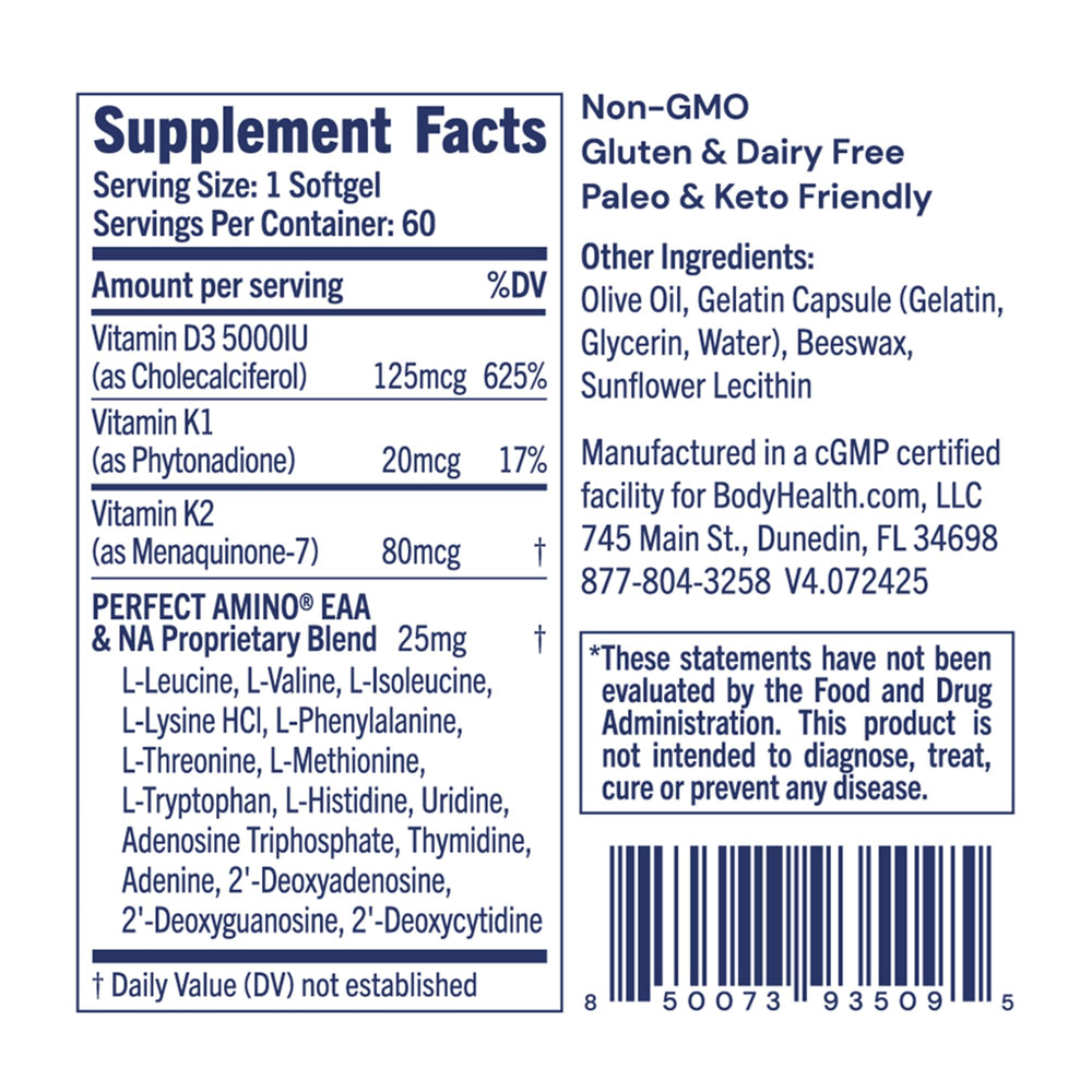 Close-up of BodyHealth D3 + MK7 softgels highlighting high-potency vitamin trio.