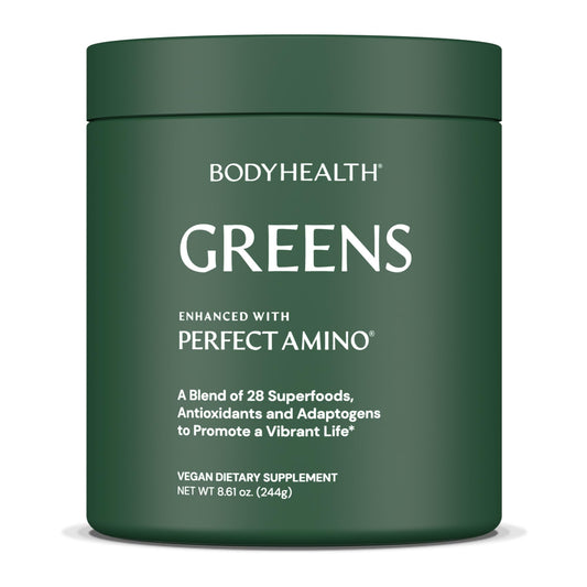 BodyHealth Greens Enhanced with PerfectAmino bottle ready for a daily smoothie.