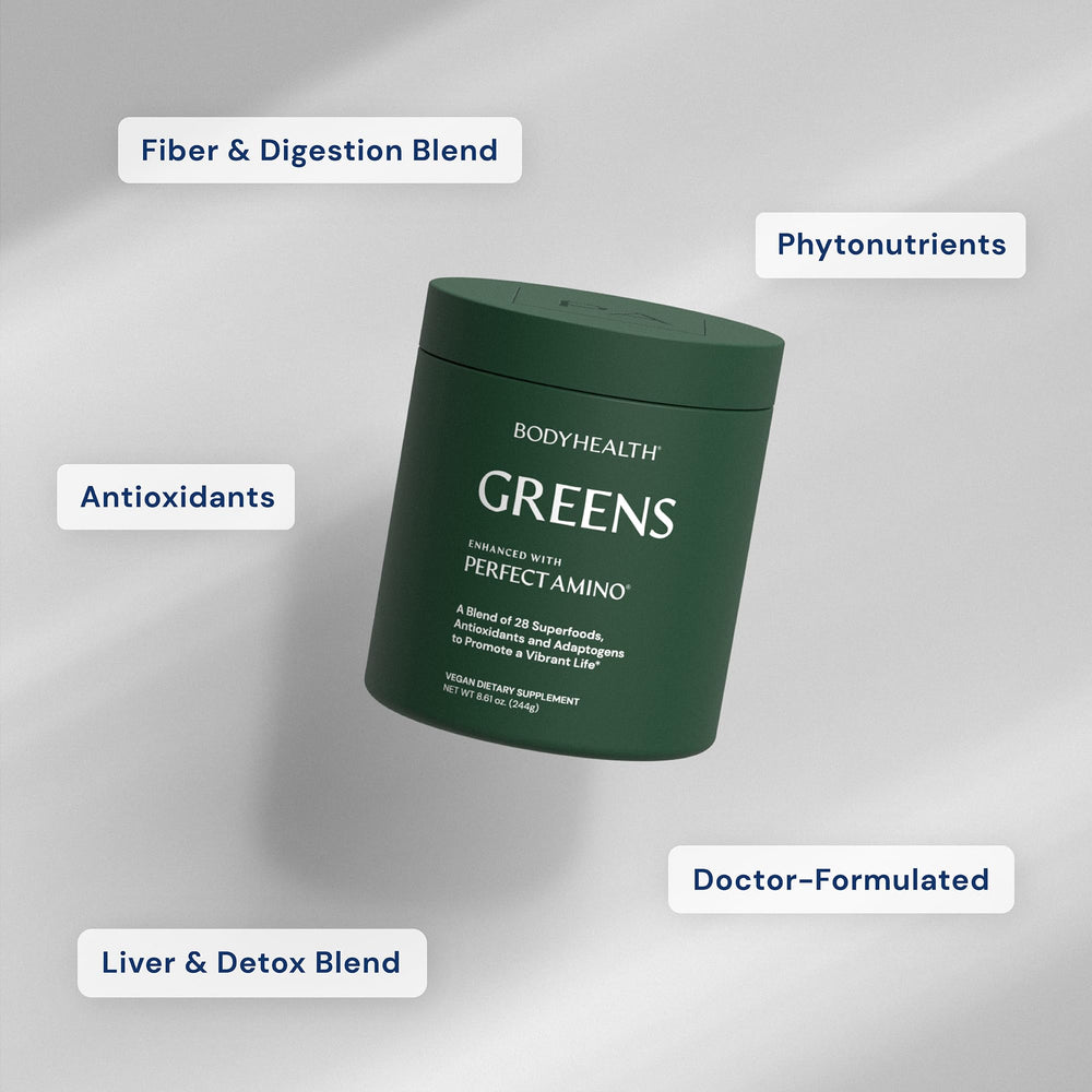 BodyHealth Greens powder in spoon for antioxidant support.