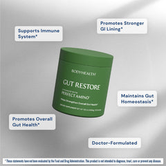 Close-up of Gut Restore label highlighting dairy and gluten-free formulation