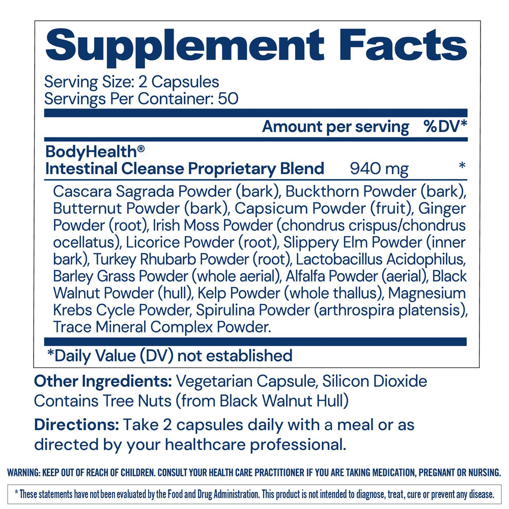 BodyHealth Intestinal Cleanse capsules closeup highlighting convenient daily laxative support.
