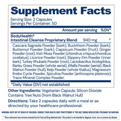 BodyHealth Intestinal Cleanse capsules closeup highlighting convenient daily laxative support.