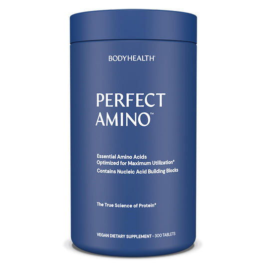 BodyHealth PerfectAmino bottle close-up highlighting vegan amino acids for recovery support.