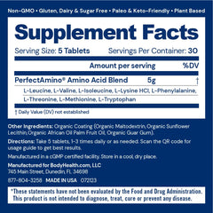 BodyHealth PerfectAmino bottle front view illustrating serving size and easy-to-swallow tablets.