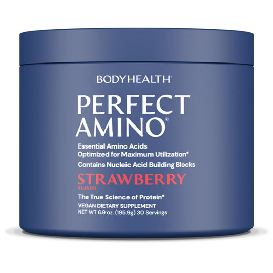 BodyHealth PerfectAmino bottle with strawberry flavor for pre and post workout