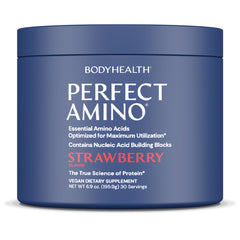 BodyHealth PerfectAmino bottle with strawberry flavor for pre and post workout