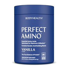 BodyHealth PerfectAmino bottle with vanilla flavor for pre-workout energy support.