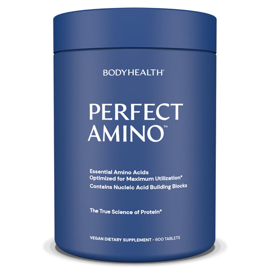 BodyHealth PerfectAmino bottle showing vegan amino acids for recovery and energy.