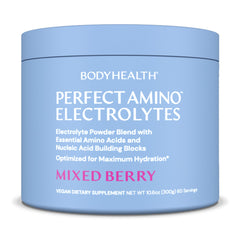 BodyHealth PerfectAmino Electrolytes mixed berry bottle on kitchen counter for quick hydration