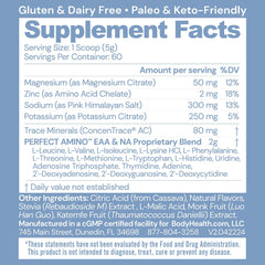Scoop of BodyHealth PerfectAmino Electrolytes powder dissolving in water for fast hydration