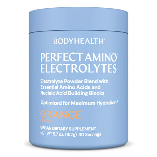 BodyHealth PerfectAmino Electrolytes orange tub for long-lasting hydration.