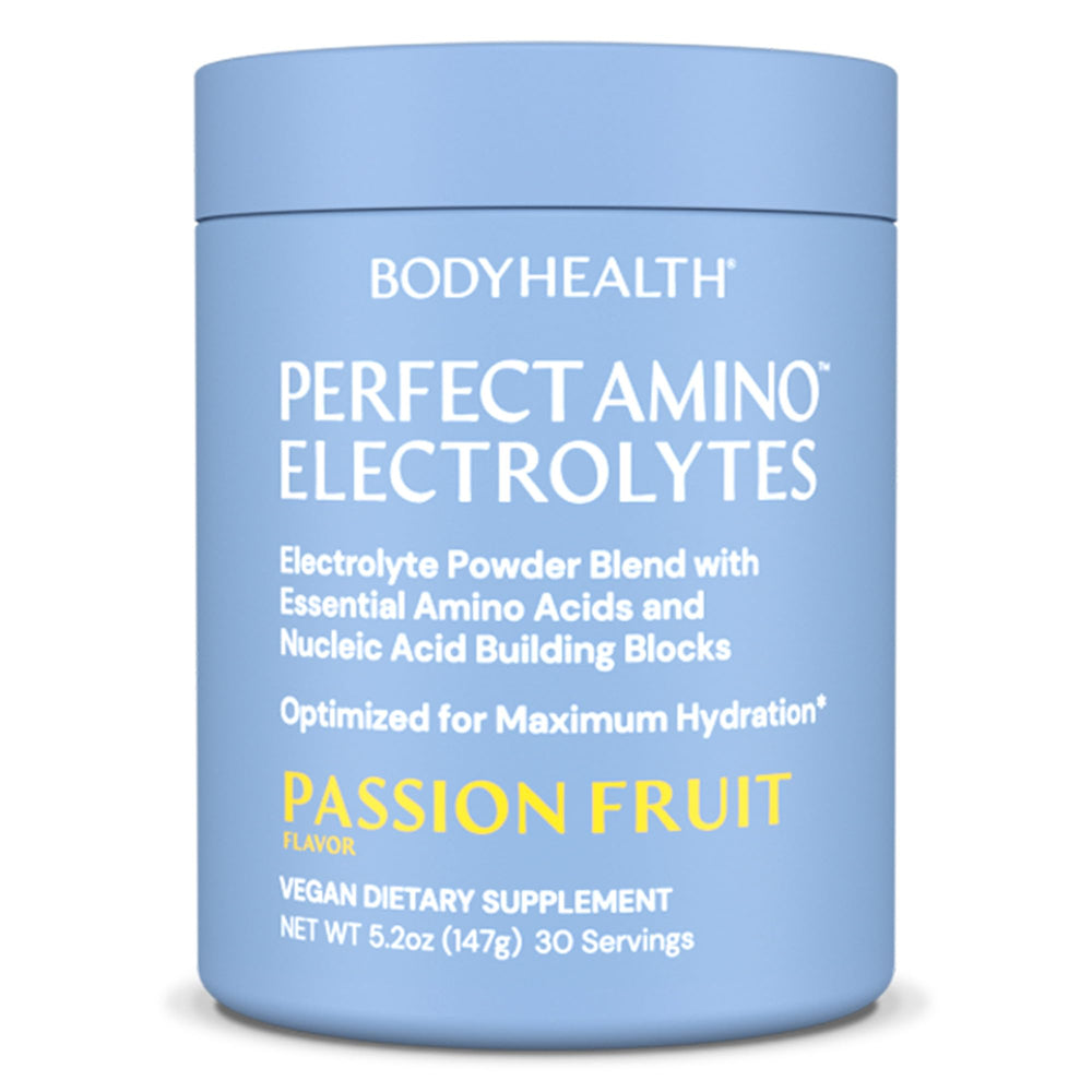 BodyHealth PerfectAmino Electrolytes bottle pour in passion fruit flavor showing sugar-free hydration benefits.