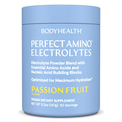 BodyHealth PerfectAmino Electrolytes bottle pour in passion fruit flavor showing sugar-free hydration benefits.
