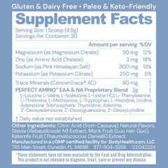 BodyHealth PerfectAmino Electrolytes powder jar with passion fruit, convenient keto-friendly hydration option.