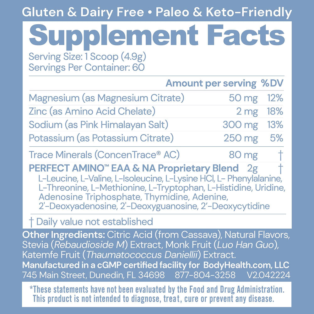 BodyHealth PerfectAmino electrolytes passion fruit scoop for quick, sugar-free hydration after training