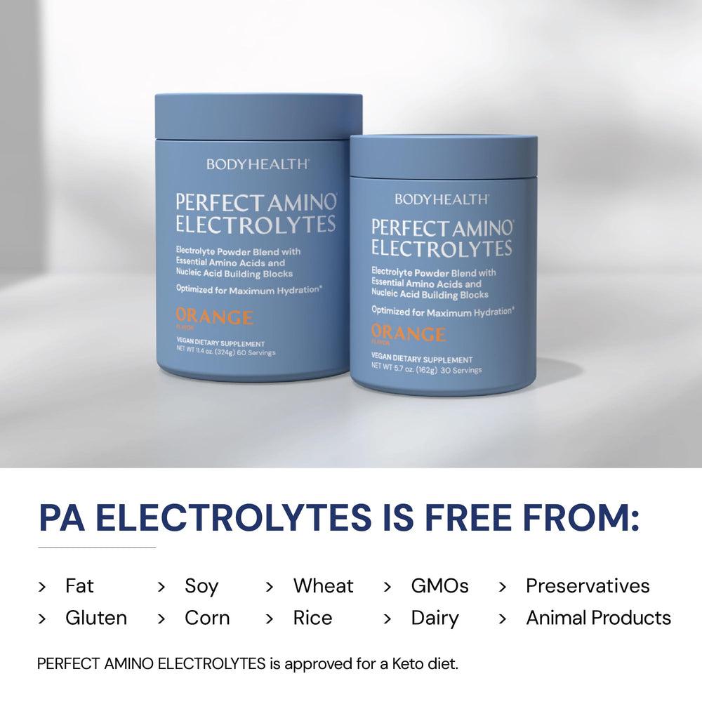 BodyHealth PerfectAmino Electrolytes pouring into glass for a refreshing sugar-free sip.