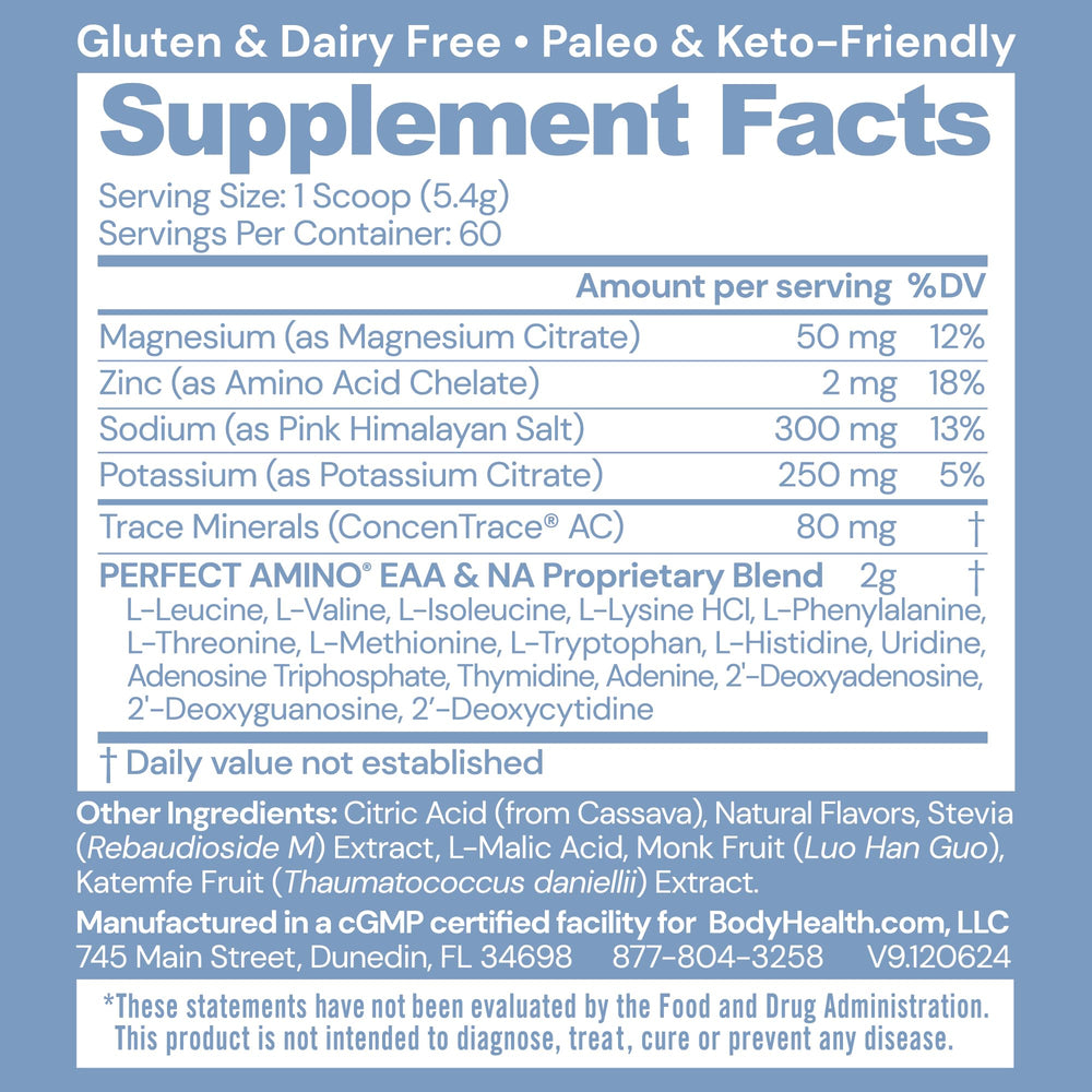 BodyHealth PerfectAmino Orange powder dissolving in water for fast refreshment.