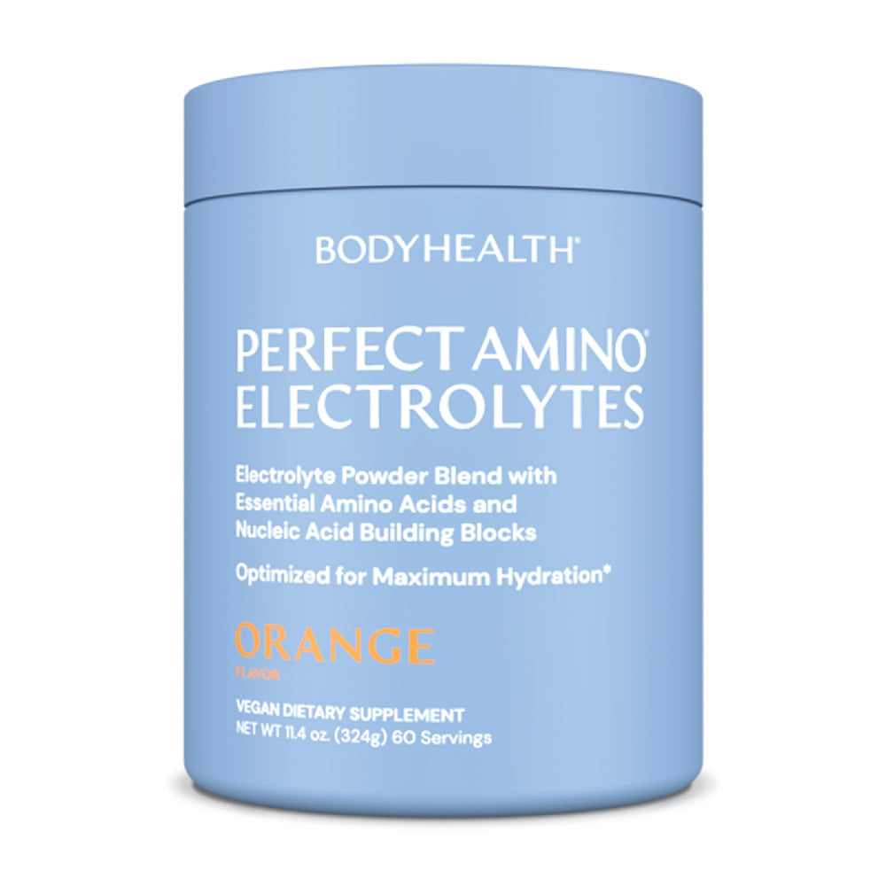 BodyHealth PerfectAmino Orange tub label ready for long-lasting hydration.