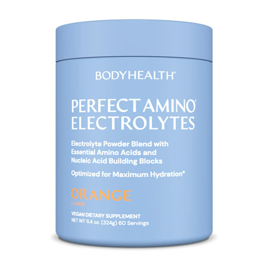 BodyHealth PerfectAmino Orange tub label ready for long-lasting hydration.