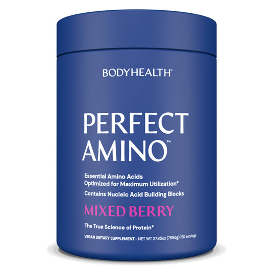 BodyHealth PerfectAmino powder bottle showing vegan, keto-friendly amino acids for lean muscle support.