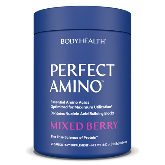 BodyHealth PerfectAmino Powder bottle highlighting plant-based amino acids for training