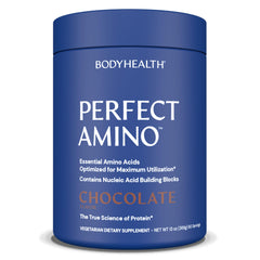 BodyHealth PerfectAmino chocolate tub with essential amino acids supporting recovery.