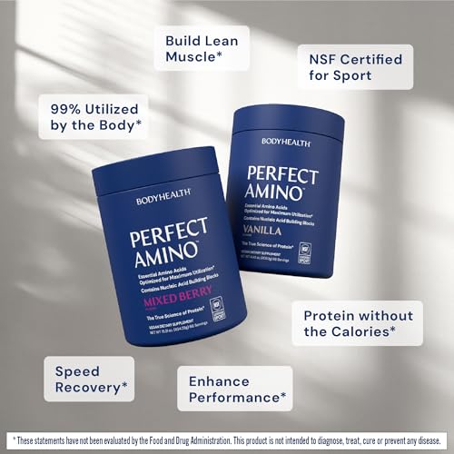 BodyHealth PerfectAmino vanilla powder poured into glass demonstrates smooth dissolution.