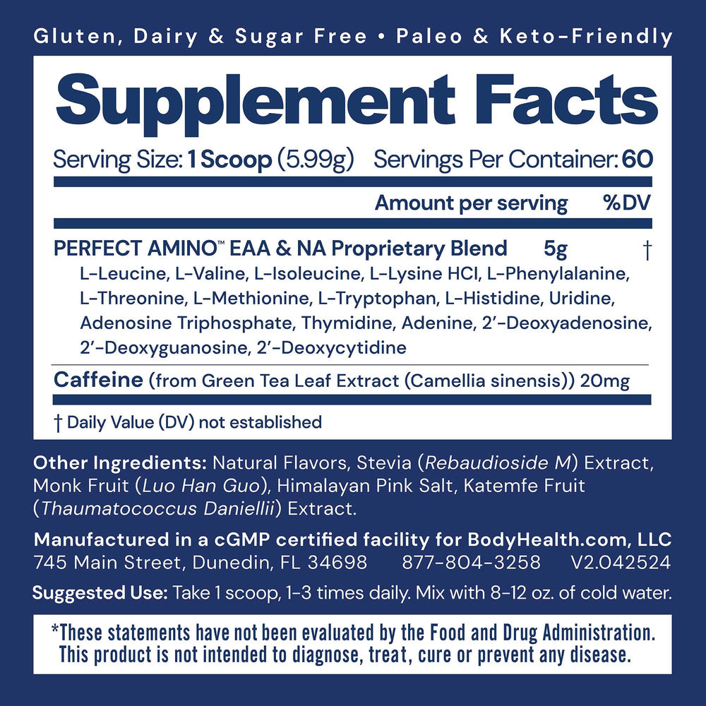 BodyHealth PerfectAmino Powder Mocha scoop with powder, supports lean muscle and energy.