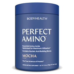 BodyHealth PerfectAmino Powder Mocha tub, vegan amino acids for fast recovery.