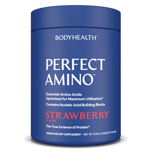 BodyHealth PerfectAmino strawberry tub packaging showing lean muscle support.