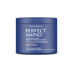BodyHealth PerfectAmino mocha powder tub close-up emphasizing flavor and mixability