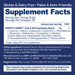 BodyHealth PerfectAmino scoop dispensing powder for easy pre- or post-workout fueling.