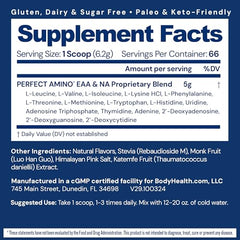 BodyHealth PerfectAmino scoop beside bottle highlights fast mixability for post-workout recovery.