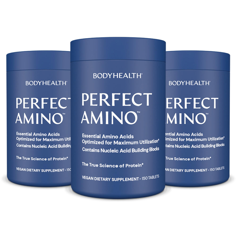 BodyHealth PerfectAmino bottle with capsules showing daily protein support benefits