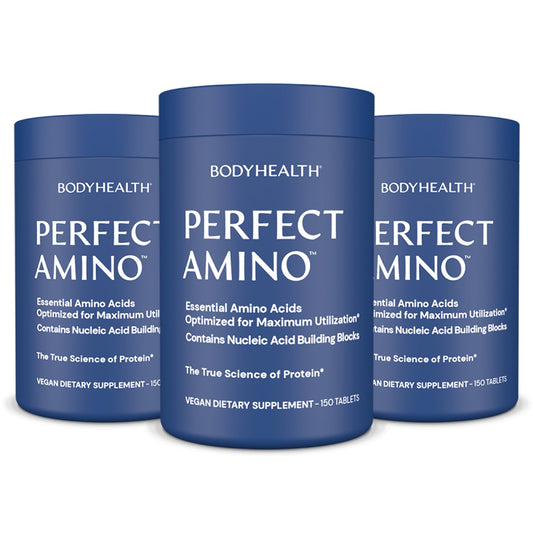BodyHealth PerfectAmino bottle with capsules showing daily protein support benefits