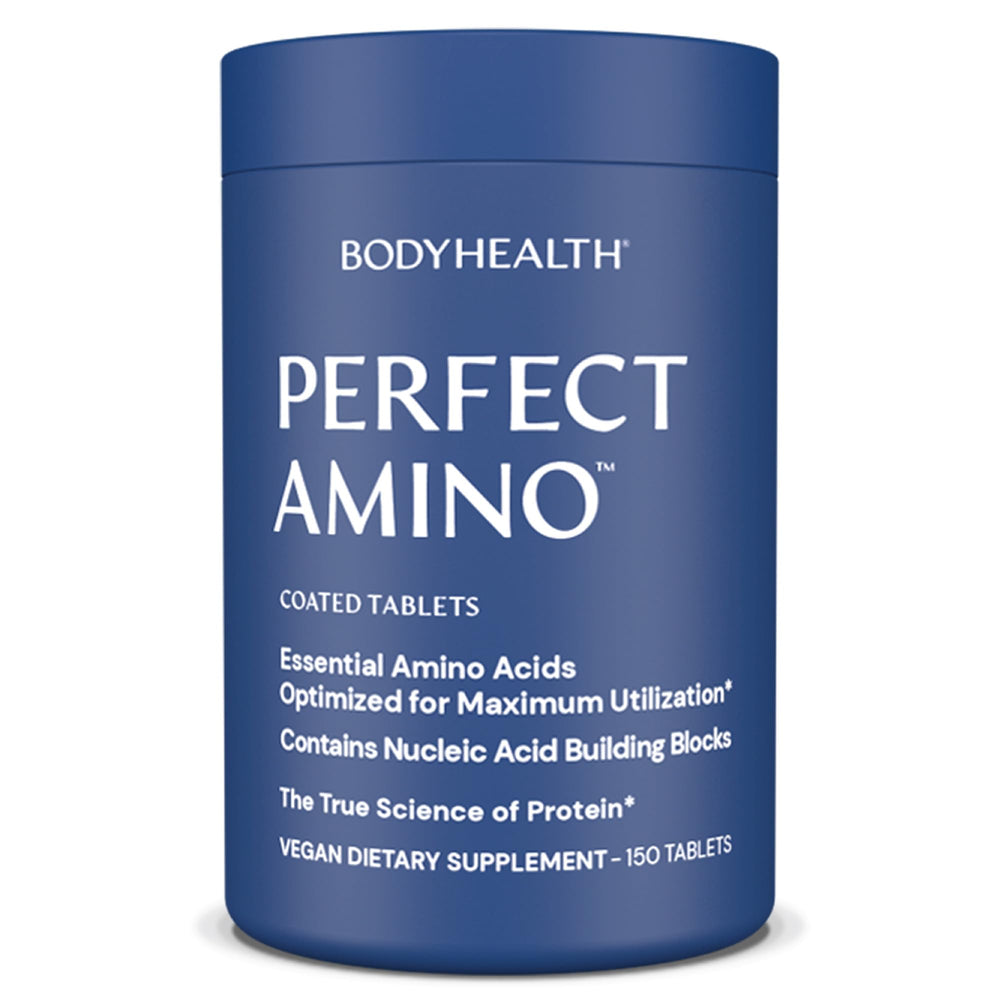 BodyHealth PerfectAmino tablets close-up, highlighting the easy-to-swallow design for workouts.