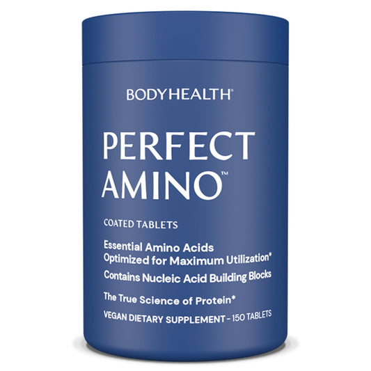 BodyHealth PerfectAmino tablets close-up, highlighting the easy-to-swallow design for workouts.