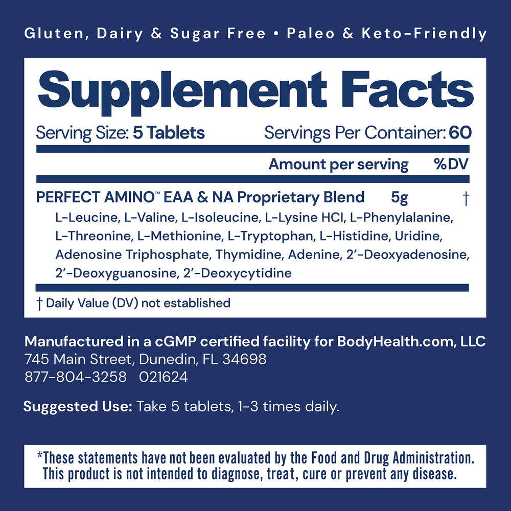 BodyHealth PerfectAmino tablets with label visible signaling clean energy and muscle support.