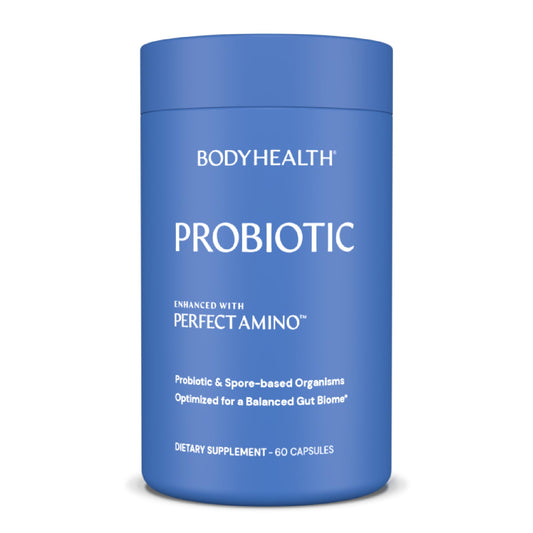 BodyHealth probiotic PerfectAmino bottle shot highlighting 40 billion cultures for gut balance