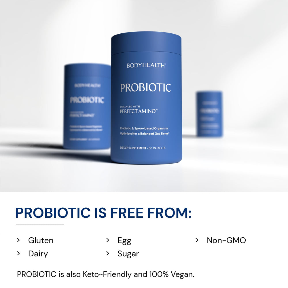 Gut health infographic beside BodyHealth bottle illustrates spore-based strains reaching the lower GI