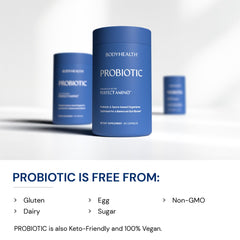 Gut health infographic beside BodyHealth bottle illustrates spore-based strains reaching the lower GI