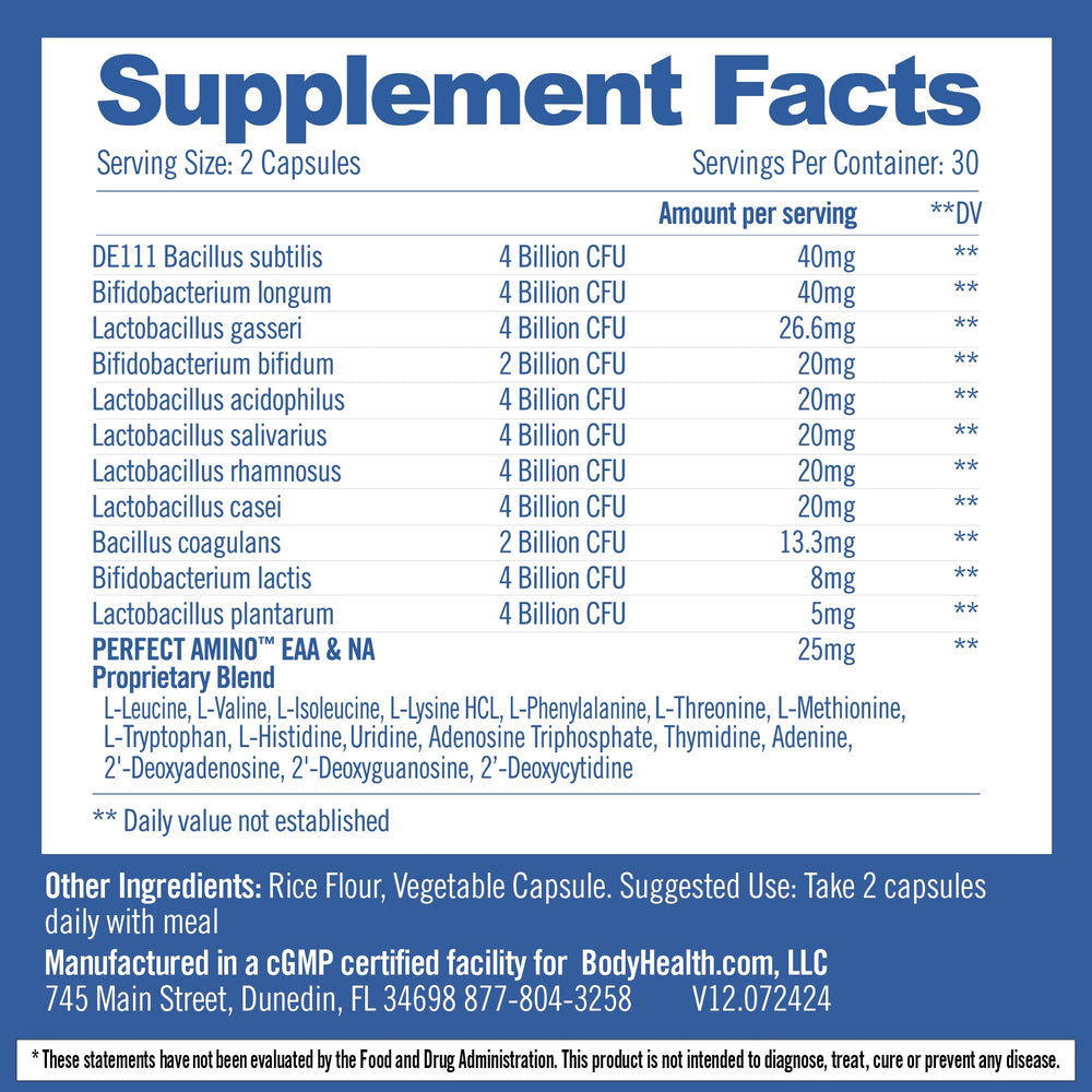 BodyHealth PerfectAmino product label emphasizes vegan, non-GMO, dairy-free ingredients
