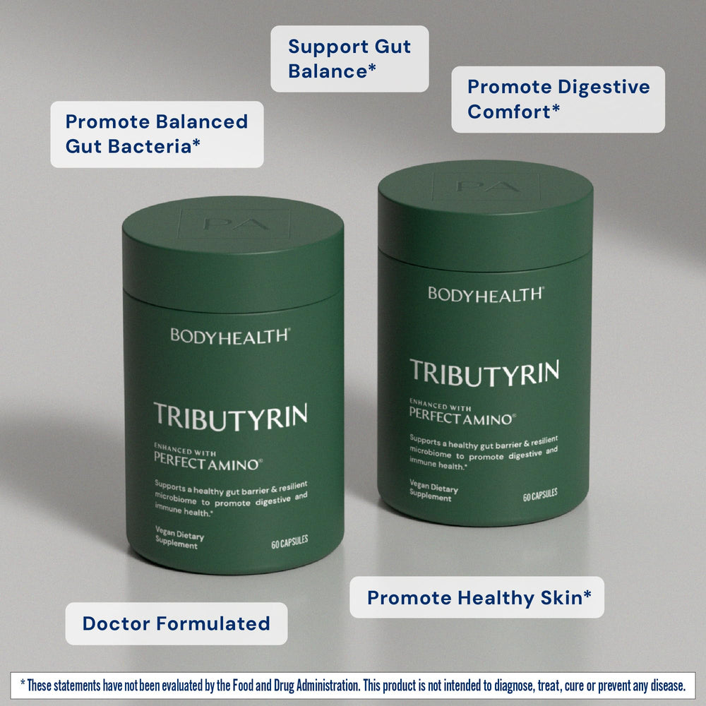 BodyHealth Tributyrin label detail showing bottle contents for digestion support.