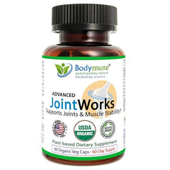 Bodymune Advanced JointWorks capsules closeup highlighting vegan, non-GMO capsules for daily use.