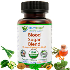 Bodymune Blood Sugar Blend bottle promoting easy daily dose for wellness.